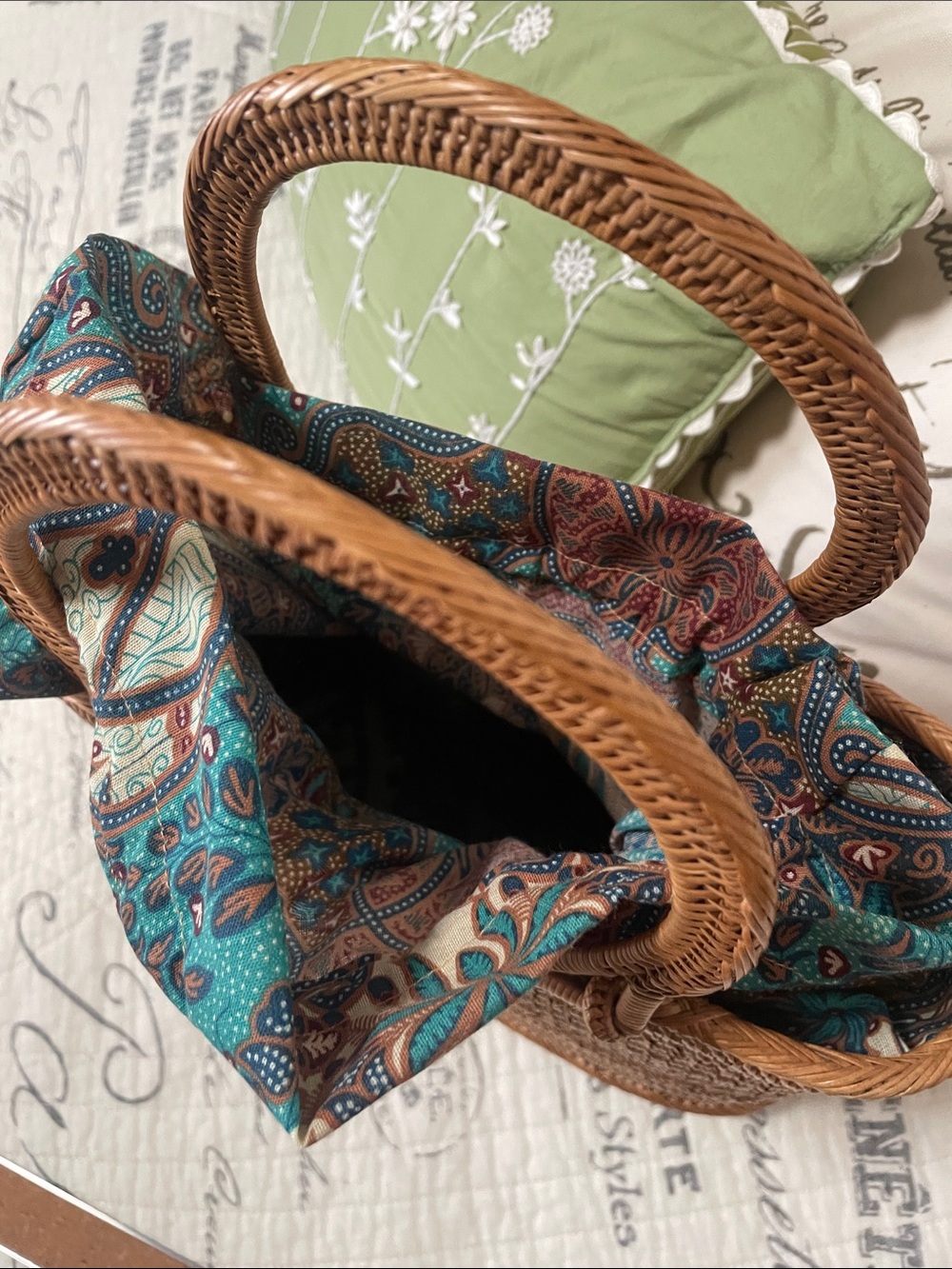 Woven Rattan Tote Bag with Blue Paisley Liner - Picture 2 of 2